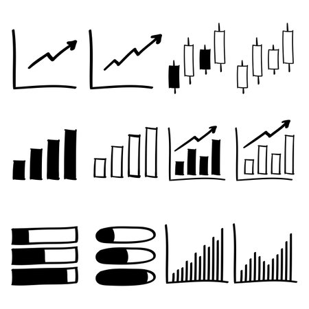 set of black hand drawn business graph icons isolated on white background.のイラスト素材