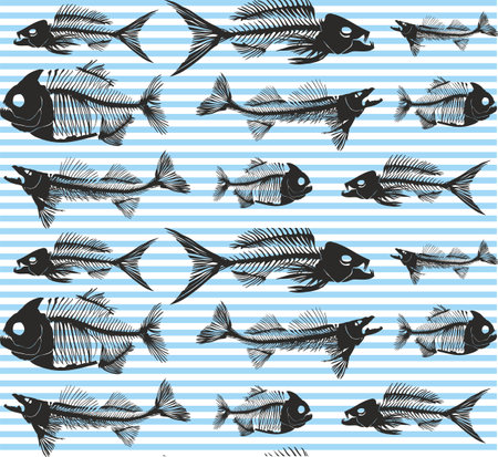 Fish seamless pattern. Animal background. Blue stripes. - Vectorのイラスト素材