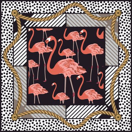Hand drawn flamingo in frame. Rope with geometric figures. Shawl, bandanna, kerchief, silk, scarf print. Fashion background for fabric. - vectorのイラスト素材