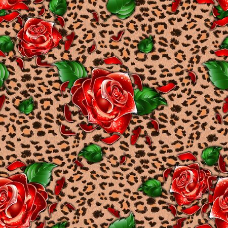Leopard skin texture with seamless red rose flowers. Animal fur pattern.Floral background. - illustrationの写真素材