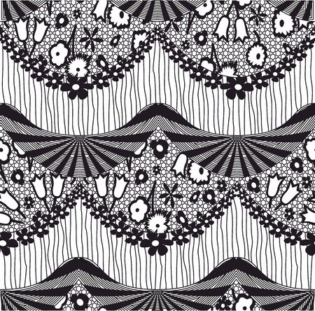 Monochrome lace pattern with black floral blossom. Textile theme for fabric. - vectorのイラスト素材