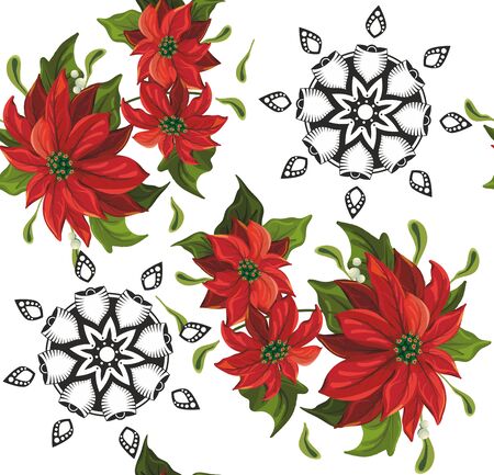 Red flowers pattern with geometr shapes. Cute floral seamless background. - vectorのイラスト素材