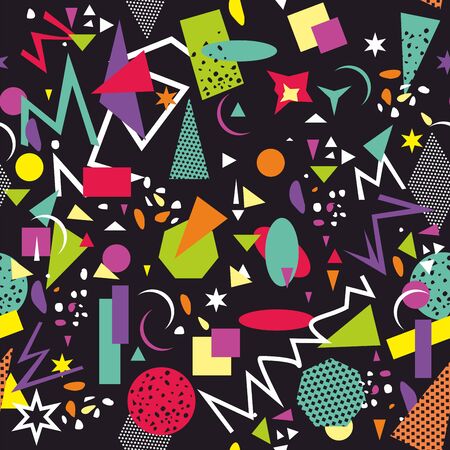 Multicolor geometric retro pattern isolated on black background. Seamless Colorful chaotic shapes. - vectorのイラスト素材
