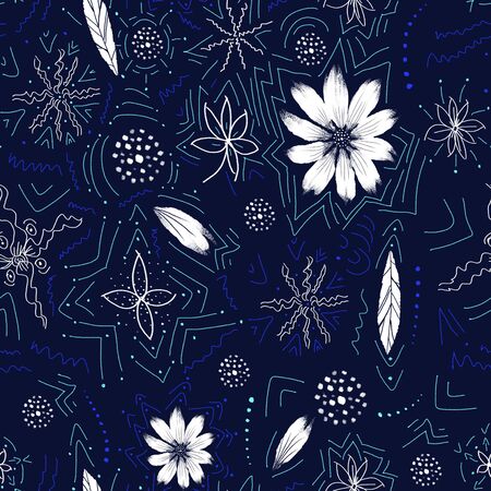 Seamless hand drawn flowers and leaves pattern on dark blue background.Geometric shapes. - illustrationの写真素材