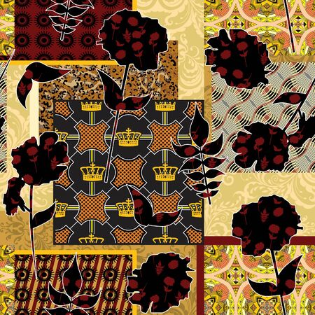 Seamless Traditional, Ethnic, Oriental pattern with monochrome flowers. Geometric shapes. Golden...
