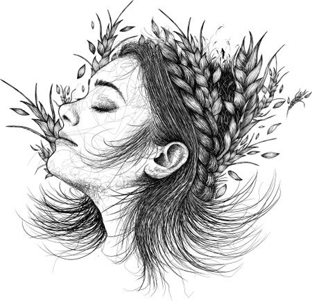 Harvest time digital illustration. Portrait of a woman with ears of hair