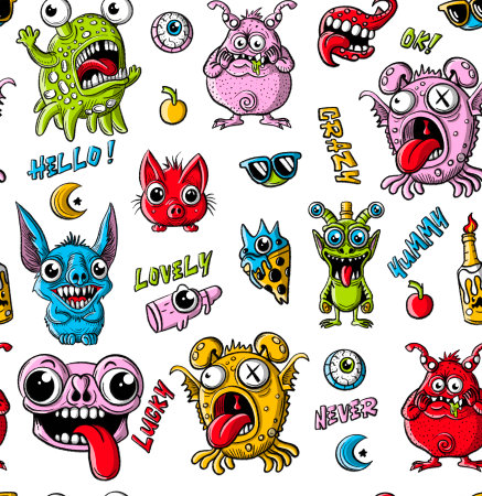 Funny monsters seamless pattern. Hand drawn cartoon characters illustration.の写真素材