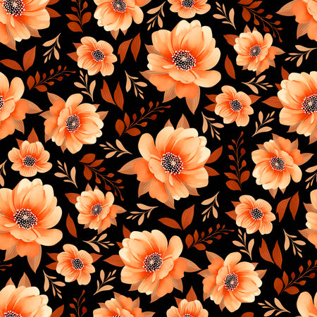 Watercolor Orange Flowers Seamless Pattern. Hand Drawn Digital Floral Illustrationの写真素材