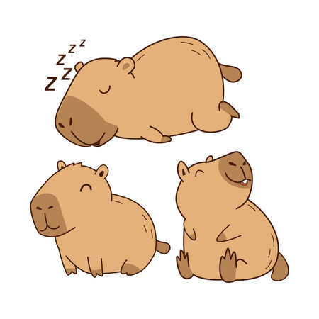 Adorable Sleeping and Sitting Capybara Cartoon Set Illustrationのイラスト素材