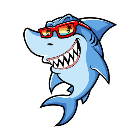 Cool cartoon shark wearing sunglasses with a tropical reflection, showing off sharp teeth and a wide smileのイラスト素材