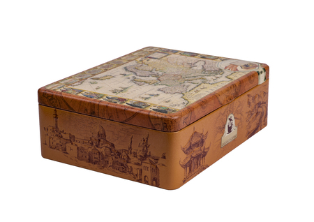 Old metal box with vintage pictures isolated on white backgrounの写真素材