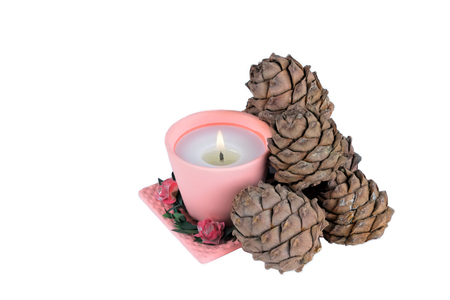 one pink candle and pine cones on a white backgroundの写真素材