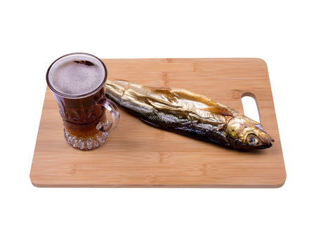 beer and fish on the boardの写真素材
