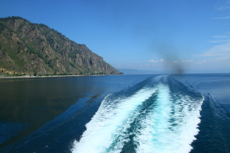 Baikal lake view of the shore from the ship Barguzin during the excursionの写真素材