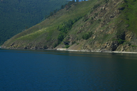 Baikal lake view of the shore from the ship Barguzin during the excursionの写真素材