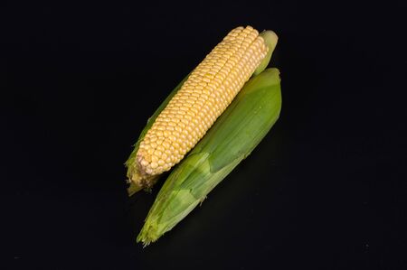 fresh corn in green husk lies on a black background, top viewの写真素材