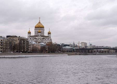 Russia, Moscow, December 4, 2019. View of the Cathedral of Christ the Savior from the Crimean embankment, photo taken in winter on a cloudy day.のeditorial素材