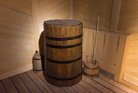 Moscow, January 2, 2020 Kolomenskoye Museum-Reserve, wooden barrel in the bathhouse, photo taken indoorsのeditorial素材