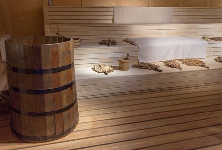 Moscow, January 2, 2020 Kolomenskoye Museum-Reserve, wooden barrel in the bathhouse, photo taken indoorsのeditorial素材