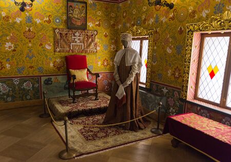 Moscow, January 2, 2020 Museum-Reserve Kolomenskoye, the royal throne of red cloth in the Imperial...