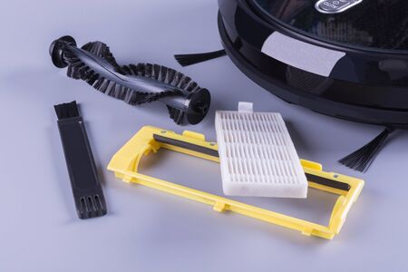 cleaner vacuum cleaner filters and parts, gray background, close-upの写真素材