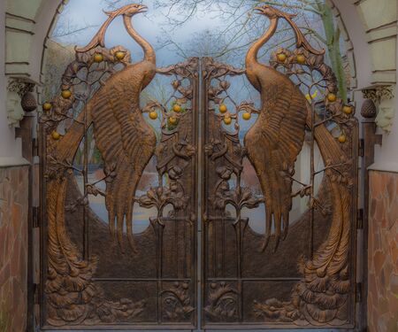 wrought iron gate made of bronze against the background of shadow clouds, photo taken on a cloudy...