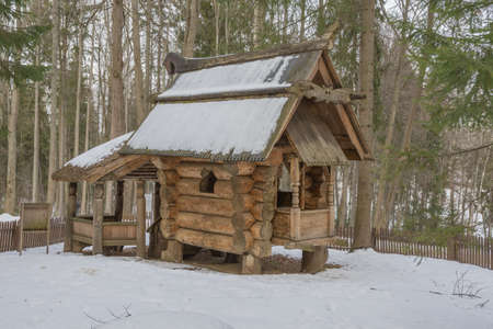 Russia, Abramtsevo estate on March 1, 2020, view of Baba Yaga's house, photo taken on a cloudy winter dayのeditorial素材