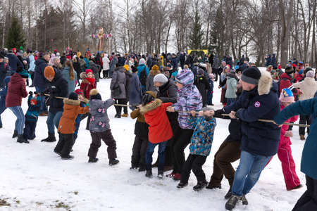 Russia, Abramtsevo estate March 1, 2020, Russian holiday Maslenitsa, photograph taken on a cloudy winter dayのeditorial素材