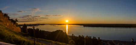 Russia June 21, 2020 Nizhny Novgorod, a beautiful view of the Volga river during sunset, photo was taken on a sunny summer day from the height of the Chkalovskaya stairsの写真素材