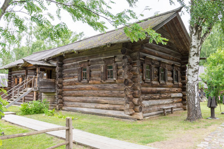 Russia June 29, 2020 Kostroma, view of the old wooden houses in the park of Russian art in Kostroma, photo was taken on a cloudy summer dayのeditorial素材