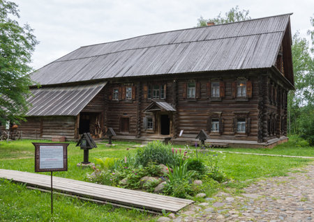 Russia June 29, 2020 Kostroma, view of the old wooden houses in the park of Russian art in Kostroma, photo was taken on a cloudy summer dayのeditorial素材