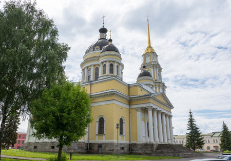 Russia July 1, 2020 Rybinsk, view of the Transfiguration Cathedral, photo taken on a cloudy dayのeditorial素材