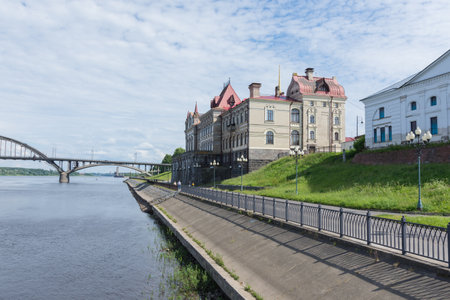 Russia July 1, 2020 Rybinsk, View of the Volga and the grain exchange on the river embankmentのeditorial素材