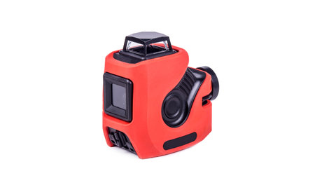 3d laser level orange, object is isolated on white background, side view