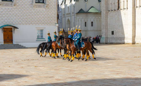 Moscow September 18, 2021 A traditional horse and foot guard in the Moscow Kremlin, photo taken on a sunny autumn day.のeditorial素材