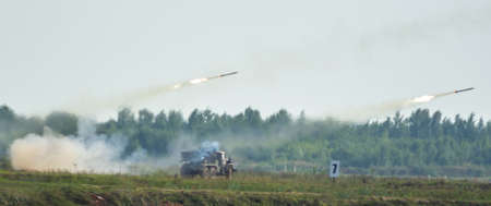Russia August 27, 2021 Alabino training ground. Shooting from a rocket launcher, the photo was taken on a sunny summer day.のeditorial素材