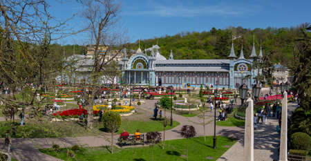 Russia May 3, 2021 Pyatigorsk, view of the Lermontov gallery in the city park Flower garden. Photo taken on a sunny dayのeditorial素材