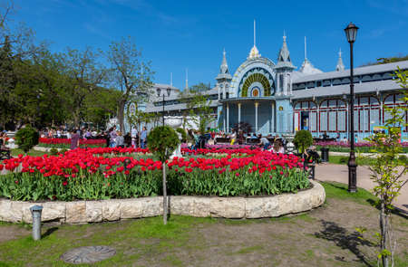 Russia May 3, 2021 Pyatigorsk, view of the Lermontov gallery in the city park Flower garden. Photo taken on a sunny dayのeditorial素材