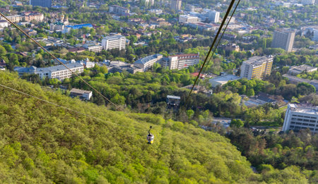 Russia May 3, 2021 Pyatigorsk, view of the funikoler on the cable car to the top of Mashuk Mountain, photo taken on a sunny spring day.のeditorial素材