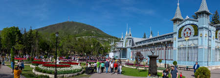 Russia May 3, 2021 Pyatigorsk, view of the Lermontov gallery in the city park Flower garden. Photo taken on a sunny dayのeditorial素材