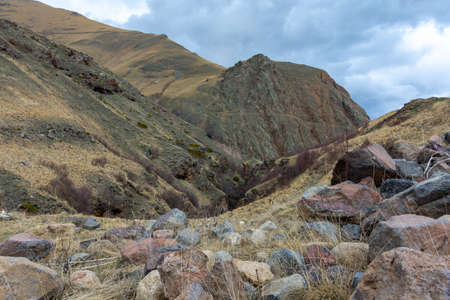 picturesque view of the mountains of the North Caucasus, photo taken on a cloudy spring day
