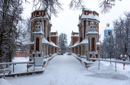 Russia January 18, 2022 Moscow, view of the figured bridge in the Tsaritsyno Museum-Reserve, photo taken on a cloudy winter dayのeditorial素材