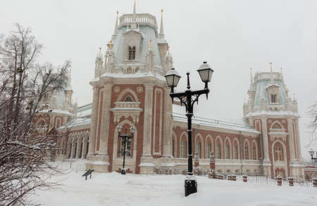 Russia January 18, 2022 Moscow, view of the Grand Palace in the Tsaritsyno Museum Reserve, photo taken on a cloudy winter dayのeditorial素材