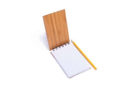 photo of open notebook for notes and simple pencil, object isolated on white backgroundの写真素材