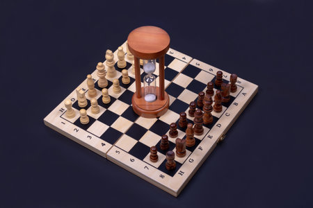 photo of a chessboard with placed pieces and an hourglass, an object on a dark background, side view