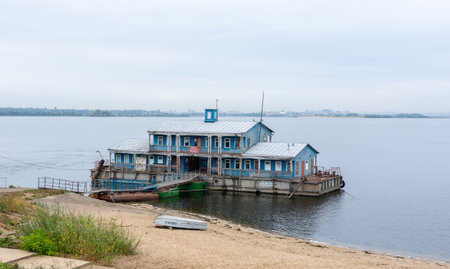 Russia September 18, 2022 view of the old porom on the Volga near Kazan. The photo was taken on a cloudy day.のeditorial素材
