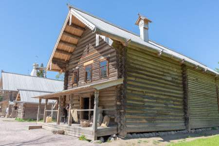 Russia May 15, 2023 Vilikiy Novgorod, view of the Vitoslavlitsa Museum of Folk Wooden Architecture, photo taken on a sunny spring dayのeditorial素材