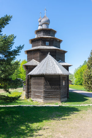 Russia May 15, 2023 Vilikiy Novgorod, view of the Vitoslavlitsa Museum of Folk Wooden Architecture, photo taken on a sunny spring dayのeditorial素材