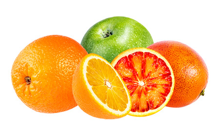 apple and orange fruit isolated on white backgroundの写真素材