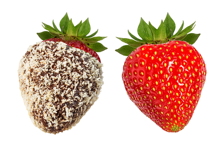 strawberry in chocolate isolated on the white backgroundの写真素材